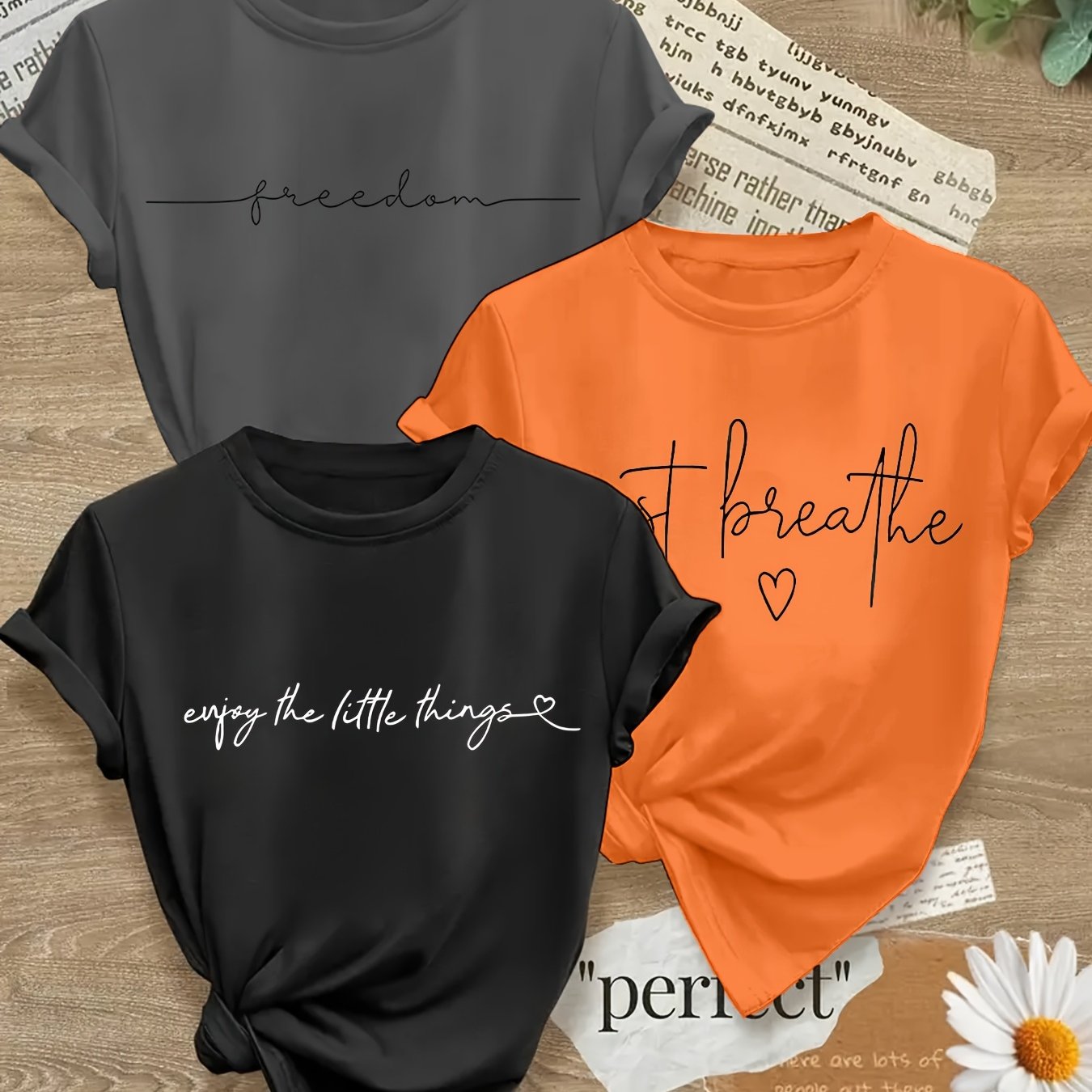 3pcs Casual T-Shirt for Women, Round Neck, Medium-Stretch Fabric, with Alphabet Pattern Prints, Suitable for Spring And Summer Wear- Size S-XXL