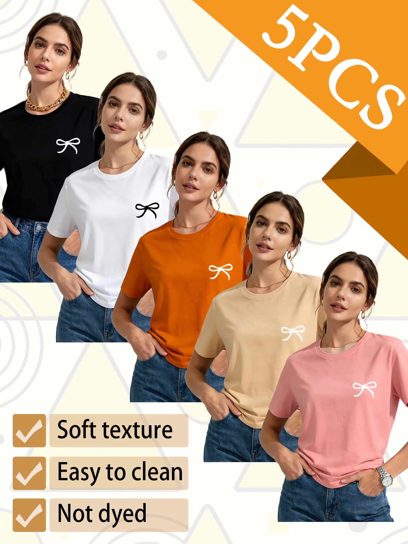 Set of 5 Trendy Women'S T-Shirts Suitable for All Seasons, Featuring Colorful Short Sleeves And a Playful Small Logo with a Bow. This Pack of Casual Tees, Made from 100% Pure
