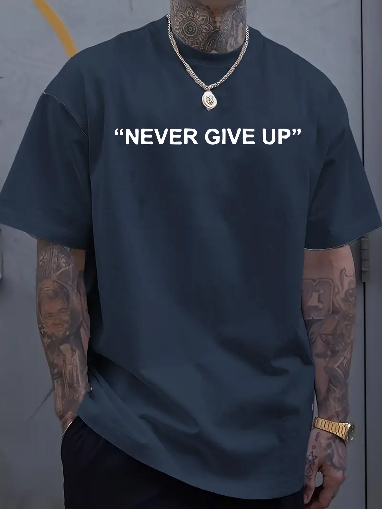 1pc of "Never Give Up" Printed T-Shirt - Men'S Round Neck Short Sleeved Shirt, Casual All Season Knitted Fabric, Slightly Elastic, Breathable And Suitable for Adult Multifunctional Design