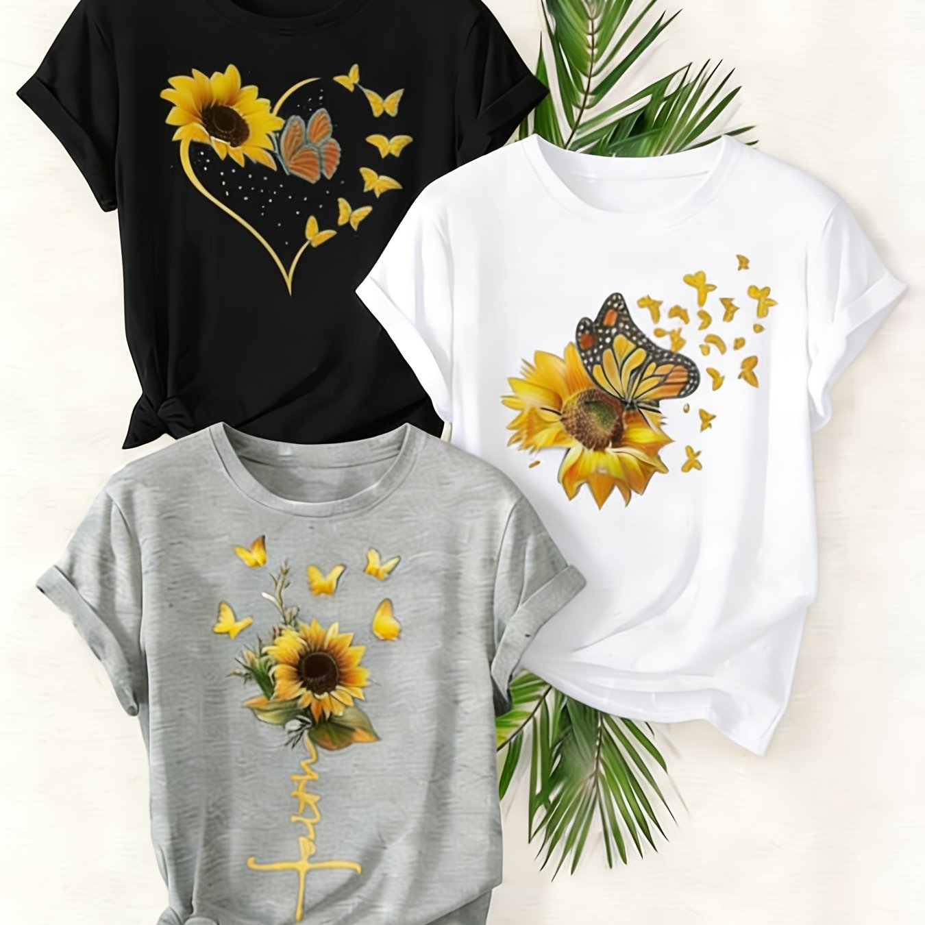 A Set of Three Women'S Casual Round-Neck T-Shirts in Black, White, And Gray | Fashionable Short-Sleeve Shirt with Sunflower And Butterfly Prints, Soft And Comfortable - The Perfect Exclusive Gift for St. Patrick'S Day/Easter