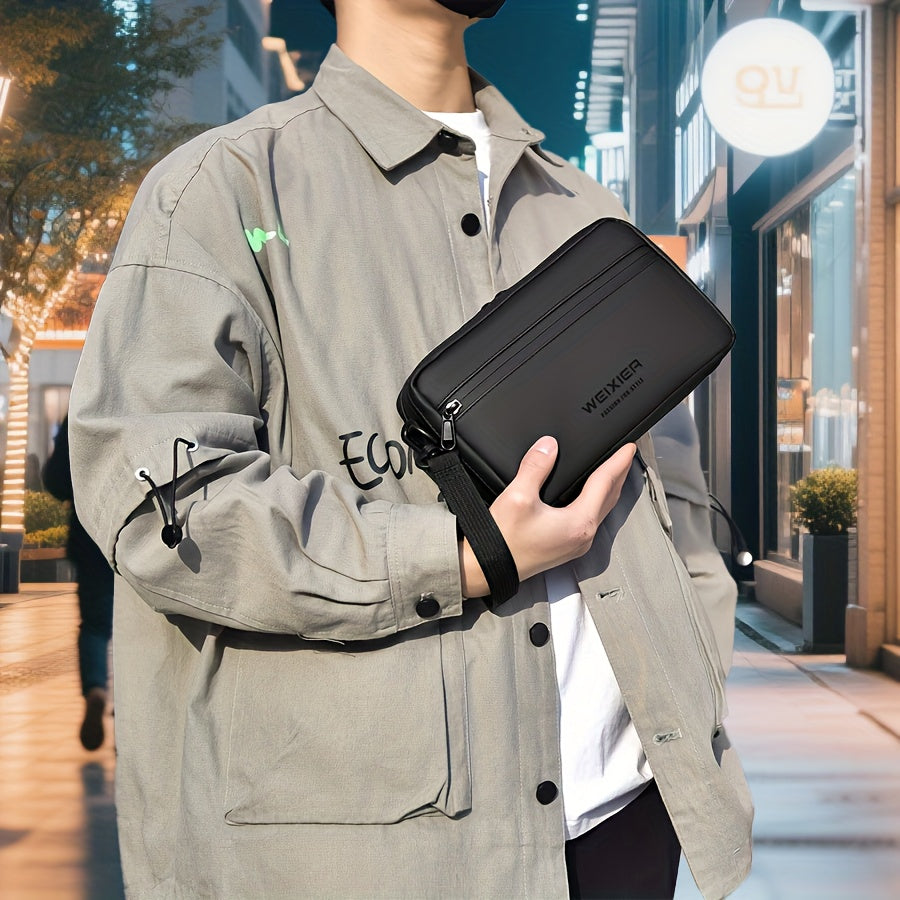 Men'S PU Crossbody Bag Featuring an Adjustable Strap And Waist Attachment - Multiple Compartments with Zipper Closure, Golden-Tone Hardware, And a Sleek Black Minimalist Design - Suitable for Both Casual And Formal Everyday U