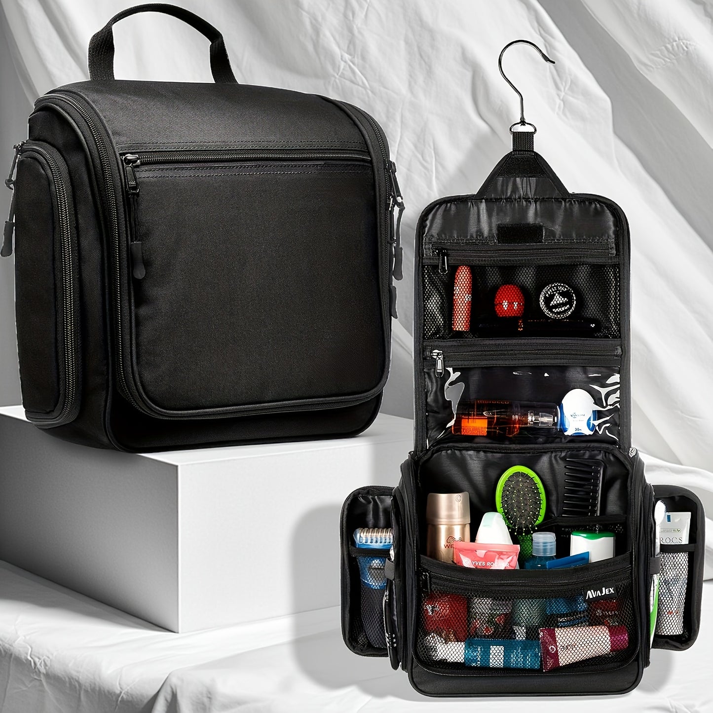 Large Toiletry Bag for Men and Women - Black with Metal Rotating Hook, 19 Compartments for Hygiene Products, Cosmetics, Makeup, Travel Organizer | Durable Zipper