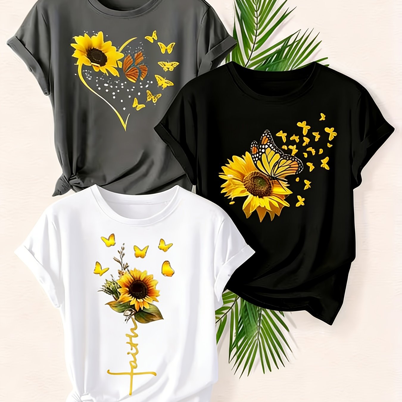 A Set of Three Women'S Casual Round-Neck T-Shirts in Black, White, And Gray | Fashionable Short-Sleeve Shirt with Sunflower And Butterfly Prints, Soft And Comfortable - The Perfect Exclusive Gift for St. Patrick'S Day/Easter