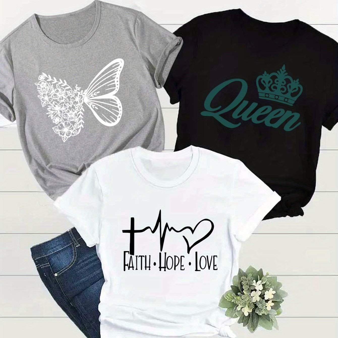Three Piece Cross Heartbeat Queen Crown Print T Shirt Set