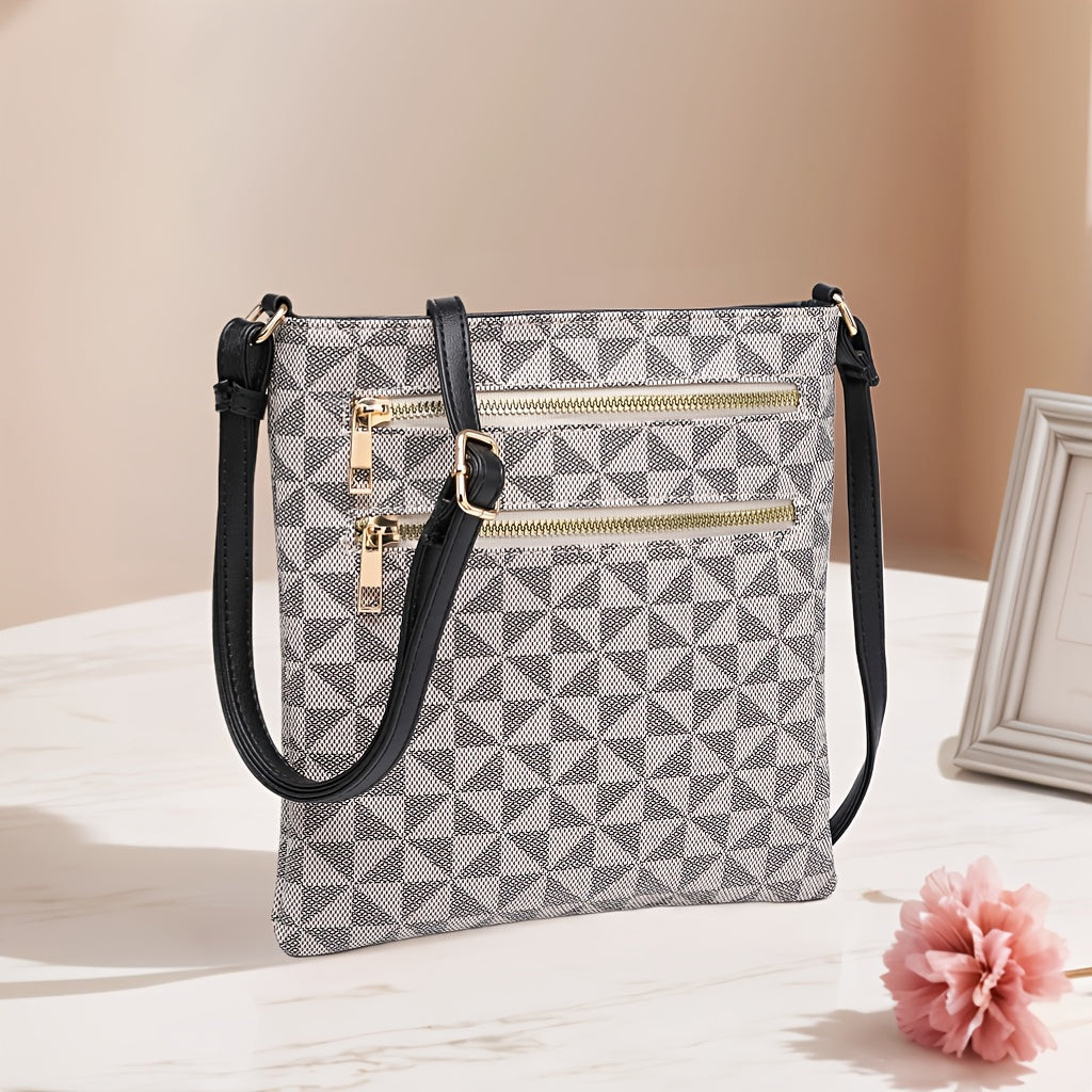 TEPILTE Retro Casual Geometric Print Women'S Crossbody Bag, Stylish And Versatile Medium Shoulder Bag/Wallet, Lightweight Handbag/Messenger Bag, Three-Layer Zippered Pockets, Suitable For Work, Travel And Outdoor Activities.