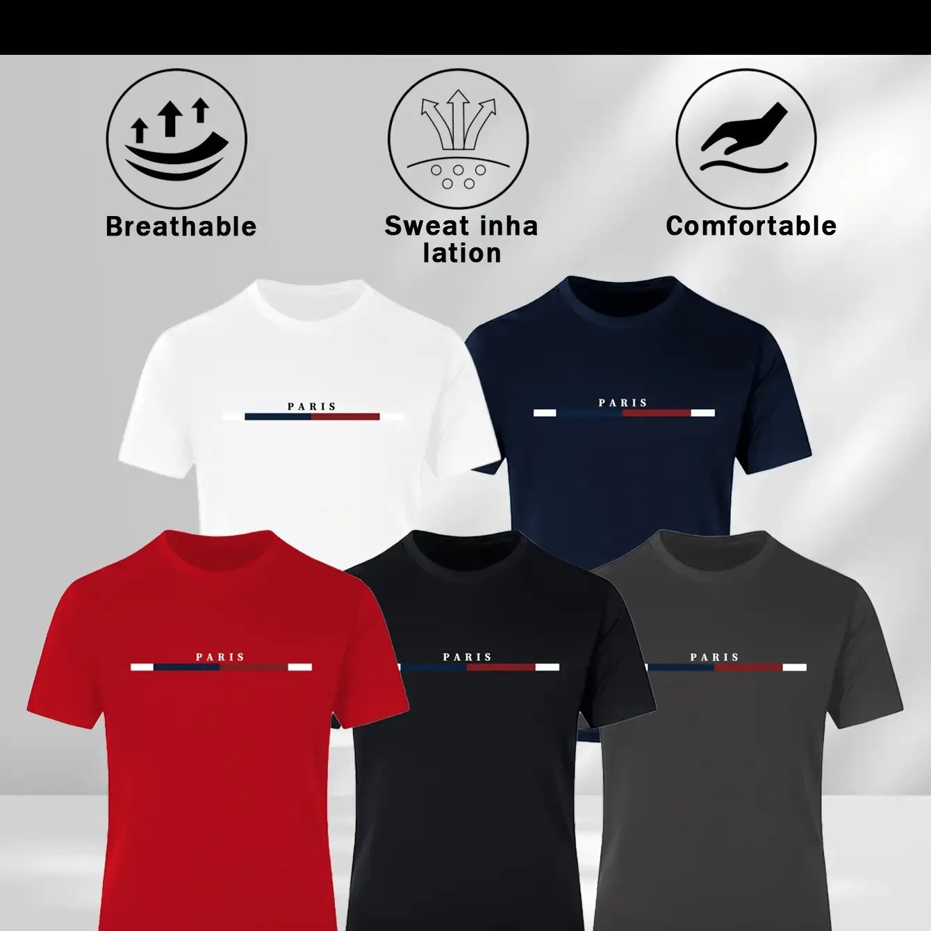 5pcs Men's Moisture-Wicking Short Sleeve T-Shirts, Paris Letter Print and Striped Collar Design- 5 Colors Available, Suitable for Summer Outdoor, Beach, Training, and Casual Wear, Comfortable Fit