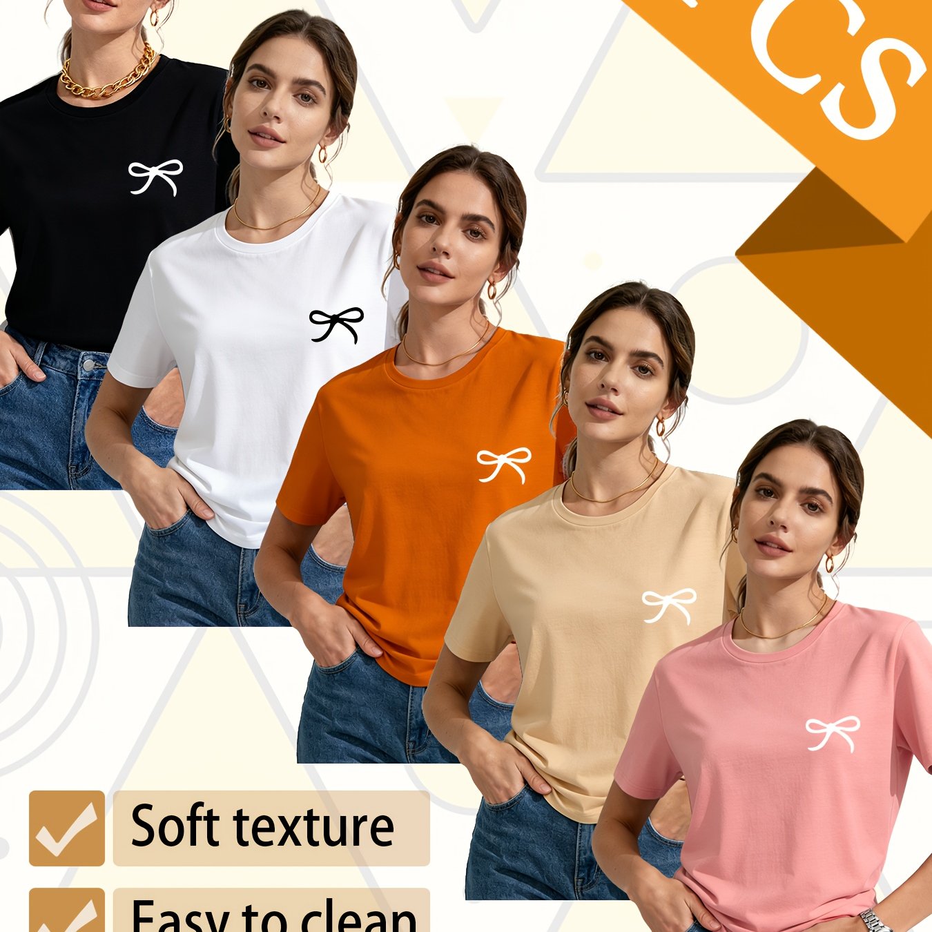 Set of 5 Trendy Women'S T-Shirts Suitable for All Seasons, Featuring Colorful Short Sleeves And a Playful Small Logo with a Bow. This Pack of Casual Tees, Made from 100% Pure
