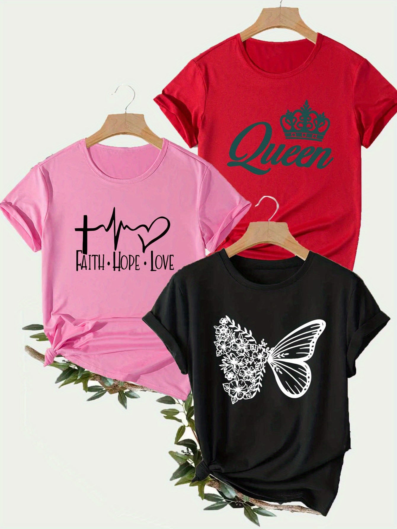 Three Piece Cross Heartbeat Queen Crown Print T Shirt Set