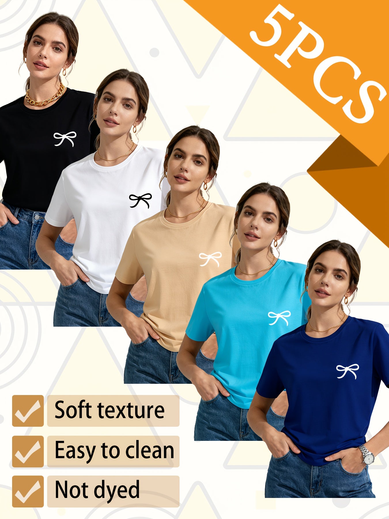 Set of 5 Trendy Women'S T-Shirts Suitable for All Seasons, Featuring Colorful Short Sleeves And a Playful Small Logo with a Bow. This Pack of Casual Tees, Made from 100% Pure