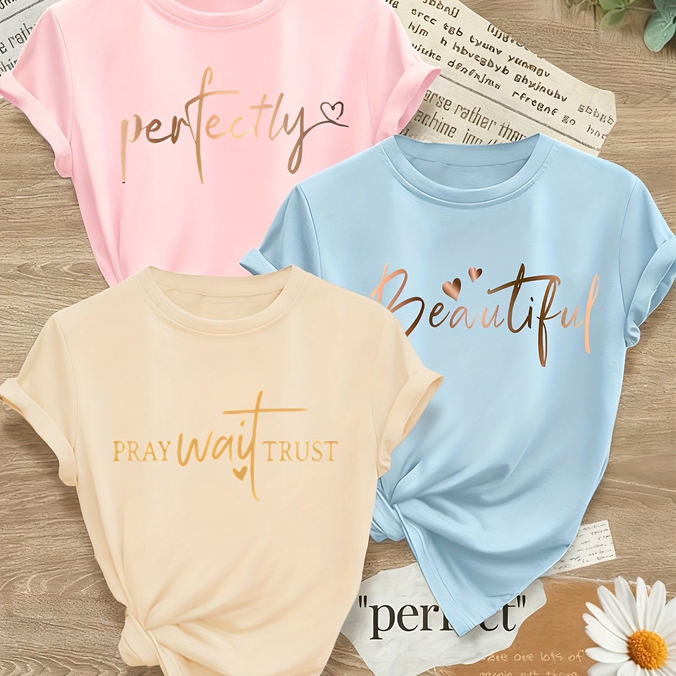 Alphabet Print Womens T Shirts Crew Neck Three Piece Set
