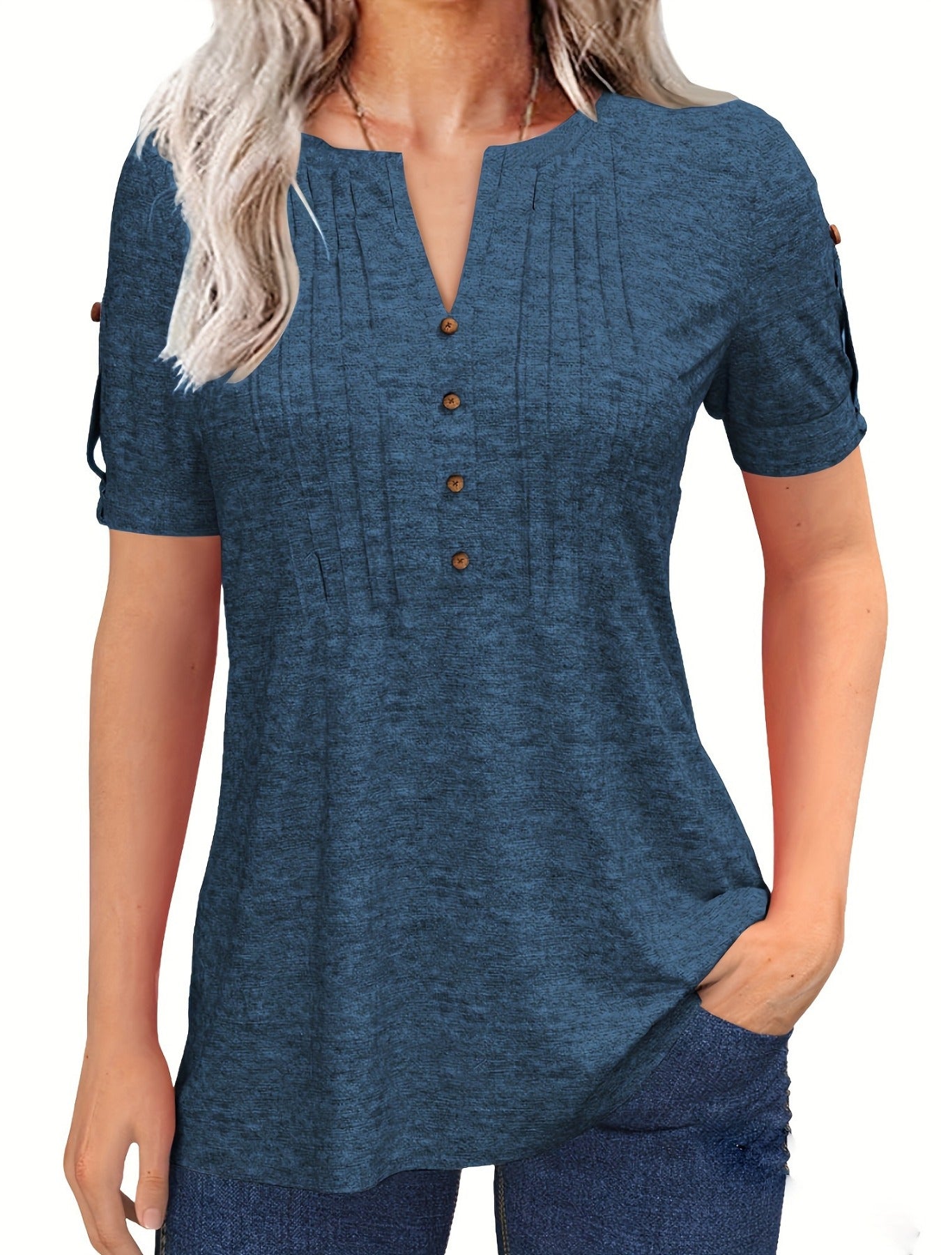 Women's Summer Casual V Neck Button Short Sleeve T Shirt