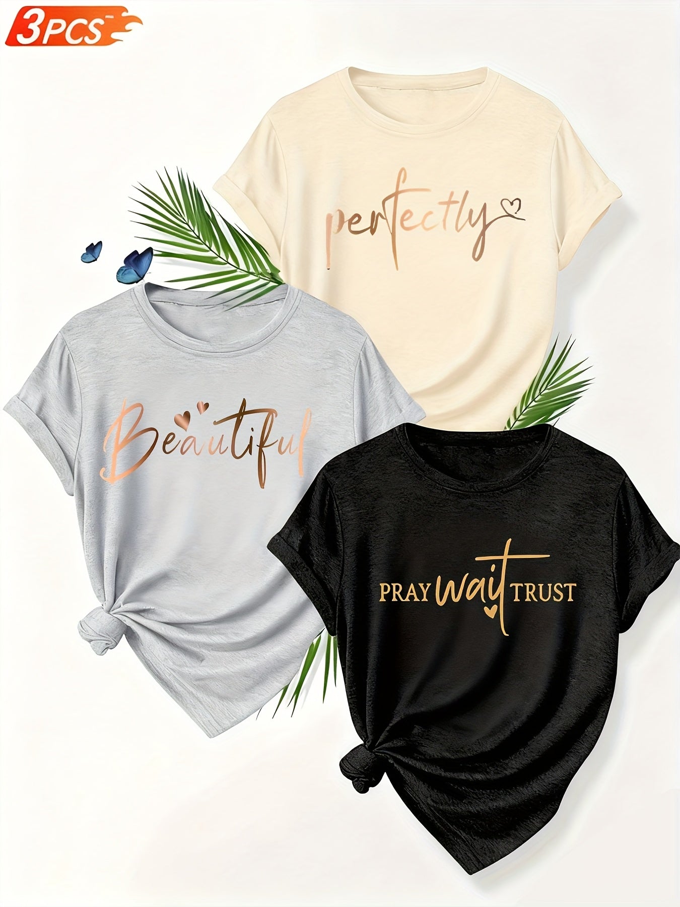 Alphabet Print Womens T Shirts Crew Neck Three Piece Set