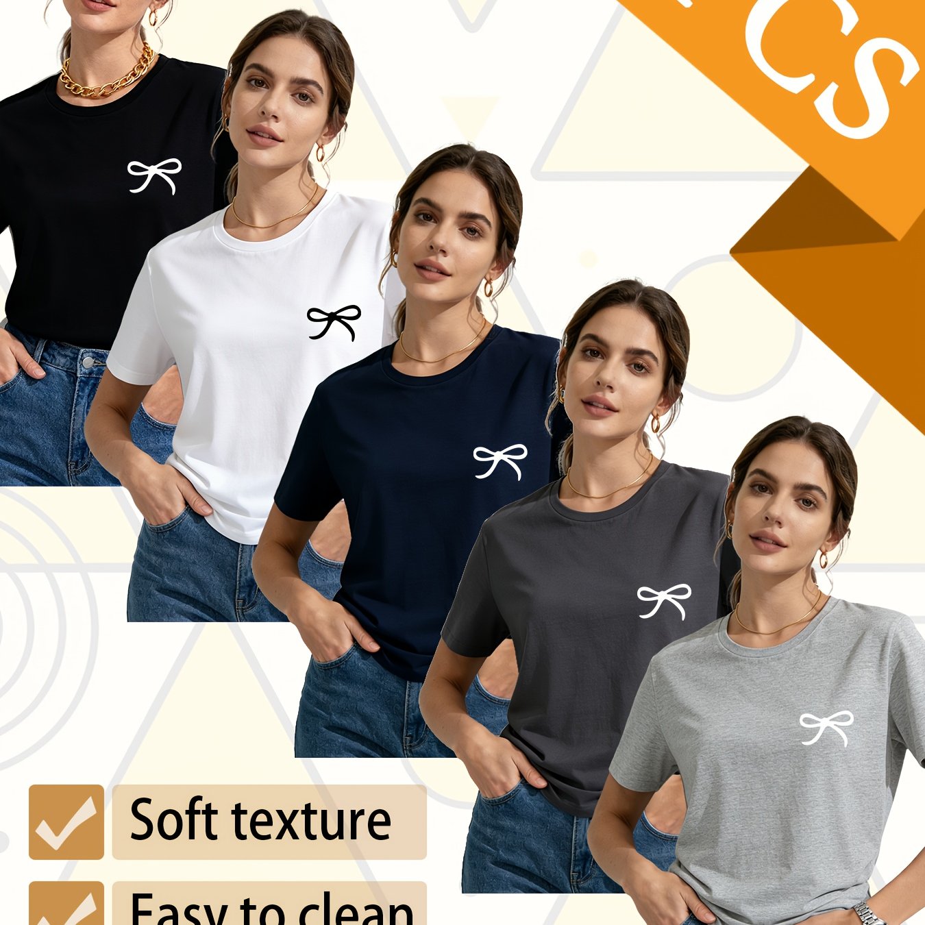 Set of 5 Trendy Women'S T-Shirts Suitable for All Seasons, Featuring Colorful Short Sleeves And a Playful Small Logo with a Bow. This Pack of Casual Tees, Made from 100% Pure