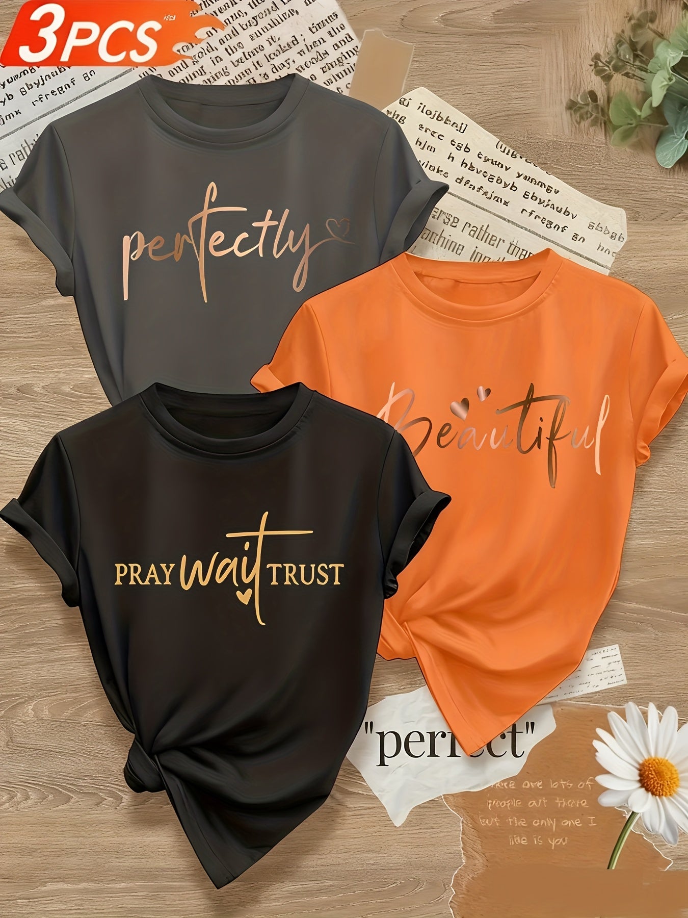 Alphabet Print Womens T Shirts Crew Neck Three Piece Set