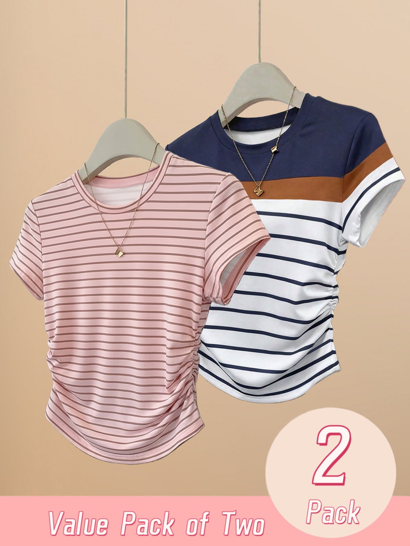 2pcs Womens Striped Short Sleeve T-Shirts Spring Summer Slim Fit Side Ruched Casual Tees Y2K Fitted Going Out Tops Regular Shoulder