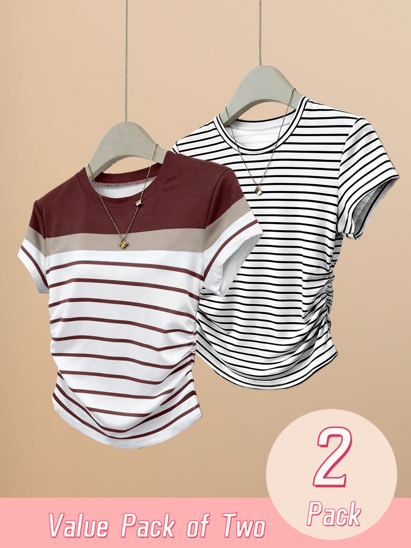 2pcs Womens Striped Short Sleeve T-Shirts Spring Summer Slim Fit Side Ruched Casual Tees Y2K Fitted Going Out Tops Regular Shoulder