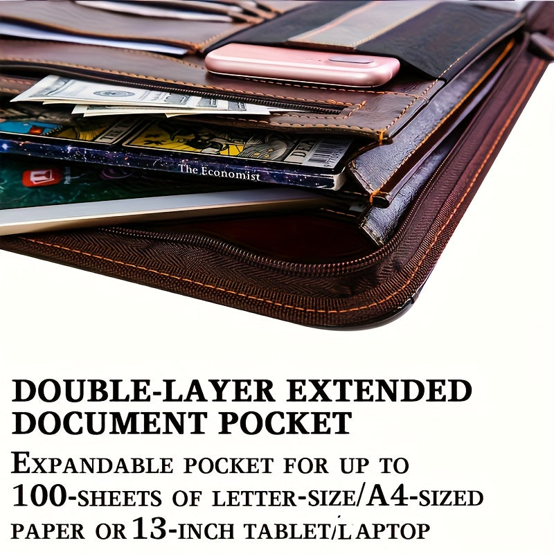 Zippered Business Organizer with 12.9" Tablet Sleeve And 7" Phone Pocket, Dark Brown Resume File Folder for Men And Women, Document Storage | Stylish Design| Secure Zipper Closure, Gift, Christmas