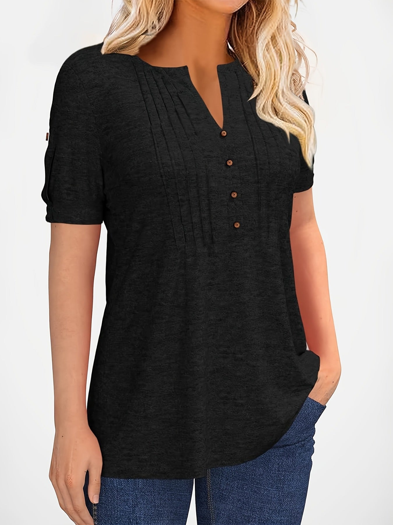 Women's Summer Casual V Neck Button Short Sleeve T Shirt