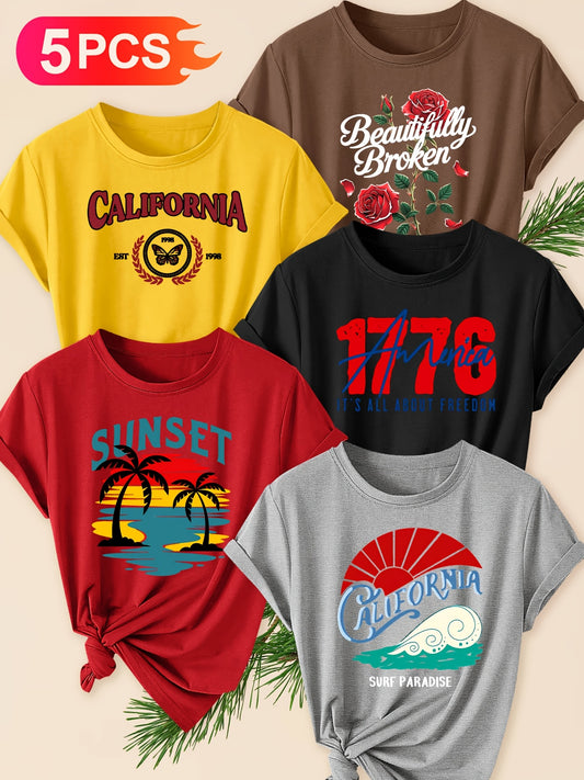 5pcs Women's California Vintage T-Shirts - Sunset Palm Tree & Slogan Print Short Sleeve Crew Neck Blouse Suitable for Daily Commute, Vacation, Party Outfits | Machine Washable Non- (S-XXL) Spring Summer Beachwear Bundle