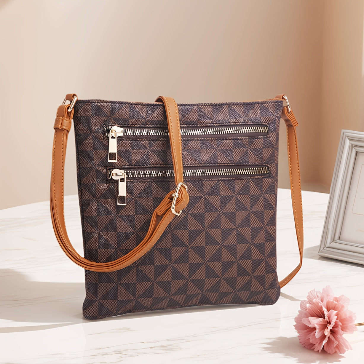 TEPILTE Retro Casual Geometric Print Women'S Crossbody Bag, Stylish And Versatile Medium Shoulder Bag/Wallet, Lightweight Handbag/Messenger Bag, Three-Layer Zippered Pockets, Suitable For Work, Travel And Outdoor Activities.