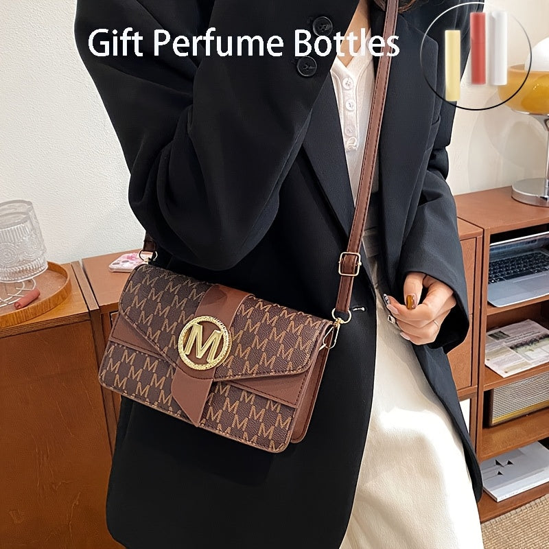 Women's Elegant Shoulder Bag With Perfume Bottle, Golden "M" Letter Buckle, Retro Geometric Shoulder Purse, Small Crossbody Bag For Daily Use, Travel, Work & Shopping