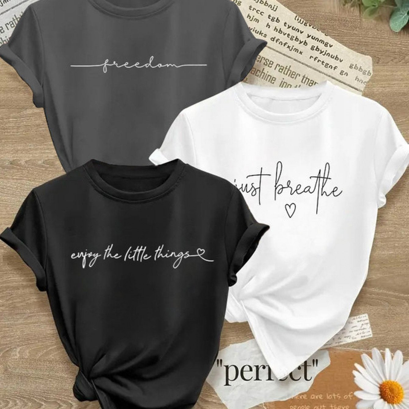 3pcs Casual T-Shirt for Women, Round Neck, Medium-Stretch Fabric, with Alphabet Pattern Prints, Suitable for Spring And Summer Wear- Size S-XXL