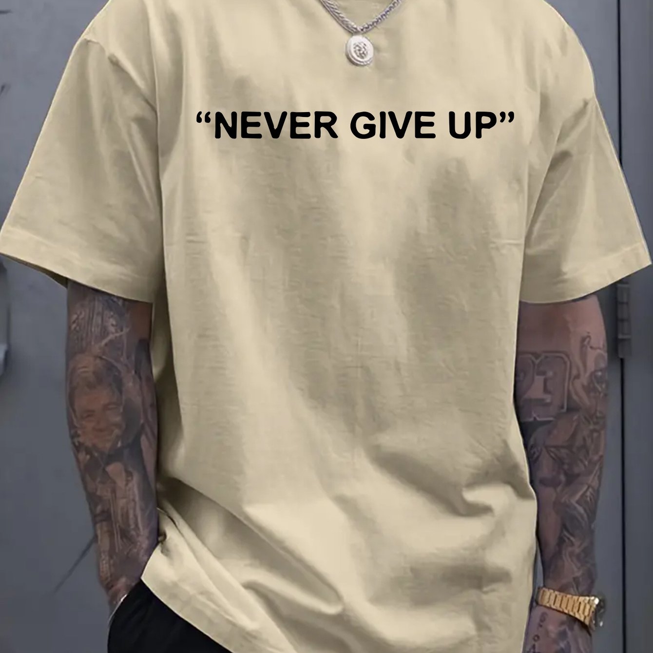 1pc of "Never Give Up" Printed T-Shirt - Men'S Round Neck Short Sleeved Shirt, Casual All Season Knitted Fabric, Slightly Elastic, Breathable And Suitable for Adult Multifunctional Design