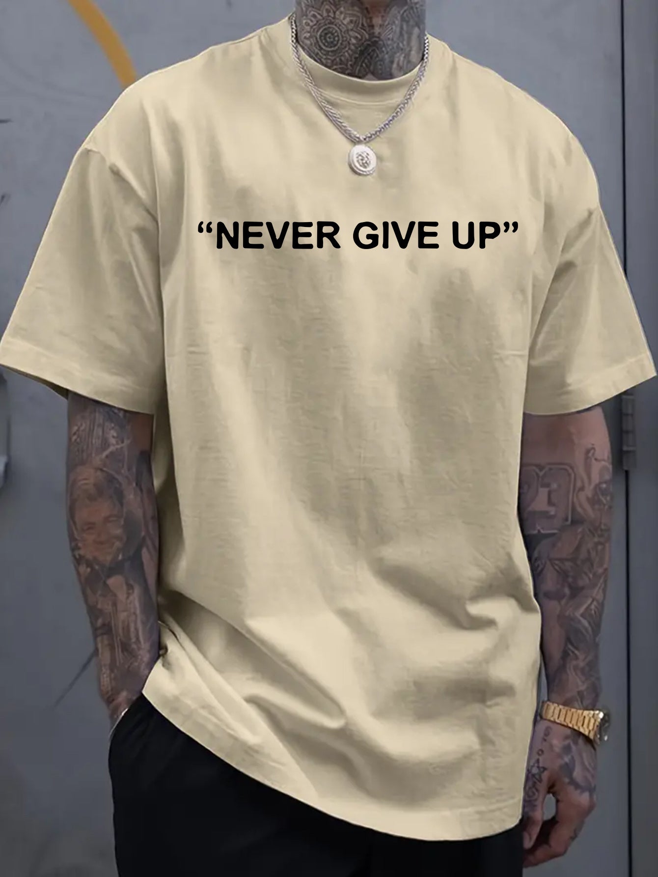 1pc of "Never Give Up" Printed T-Shirt - Men'S Round Neck Short Sleeved Shirt, Casual All Season Knitted Fabric, Slightly Elastic, Breathable And Suitable for Adult Multifunctional Design