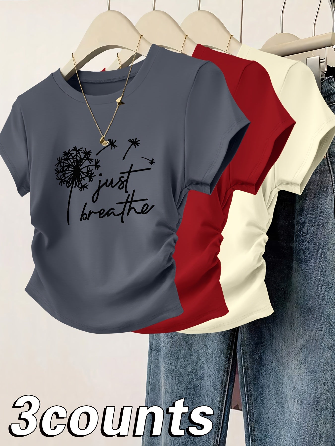 3pcs Women's Slim Fit Cinched Waist Pleated Short Sleeve T-Shirts - Geometric Print Round Neck Casual Tees, Red Grey Blue, Machine Washable Spring Summer Tops, Ladies T Shirts, Everyday Fashion, Smooth Texture Fabric, Seasona