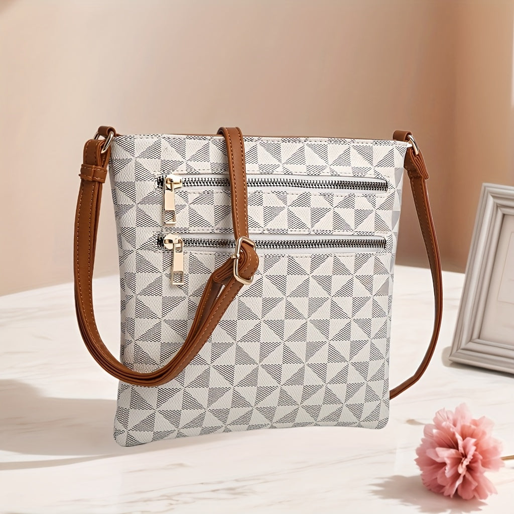 TEPILTE Retro Casual Geometric Print Women'S Crossbody Bag, Stylish And Versatile Medium Shoulder Bag/Wallet, Lightweight Handbag/Messenger Bag, Three-Layer Zippered Pockets, Suitable For Work, Travel And Outdoor Activities.
