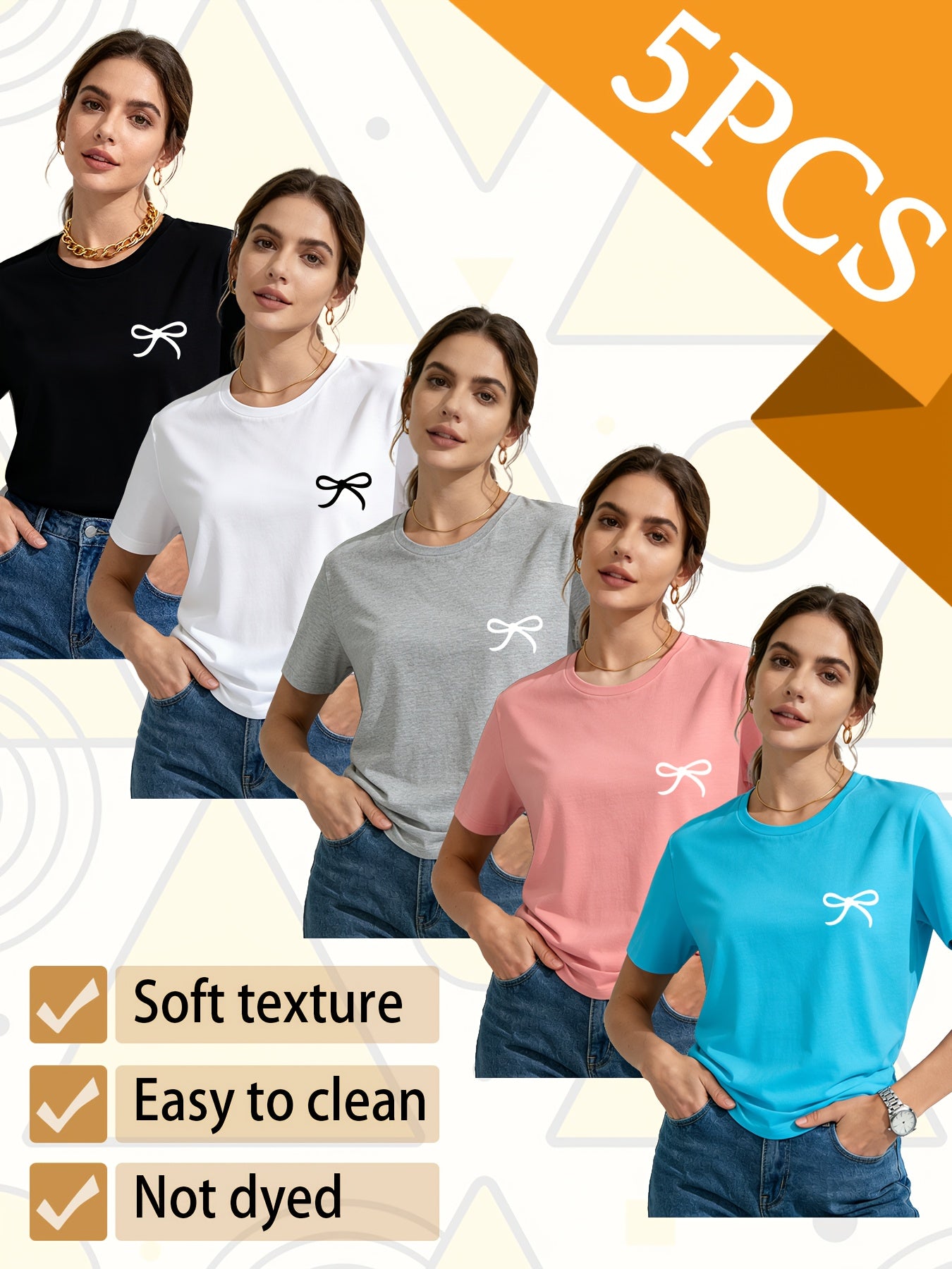 Set of 5 Trendy Women'S T-Shirts Suitable for All Seasons, Featuring Colorful Short Sleeves And a Playful Small Logo with a Bow. This Pack of Casual Tees, Made from 100% Pure