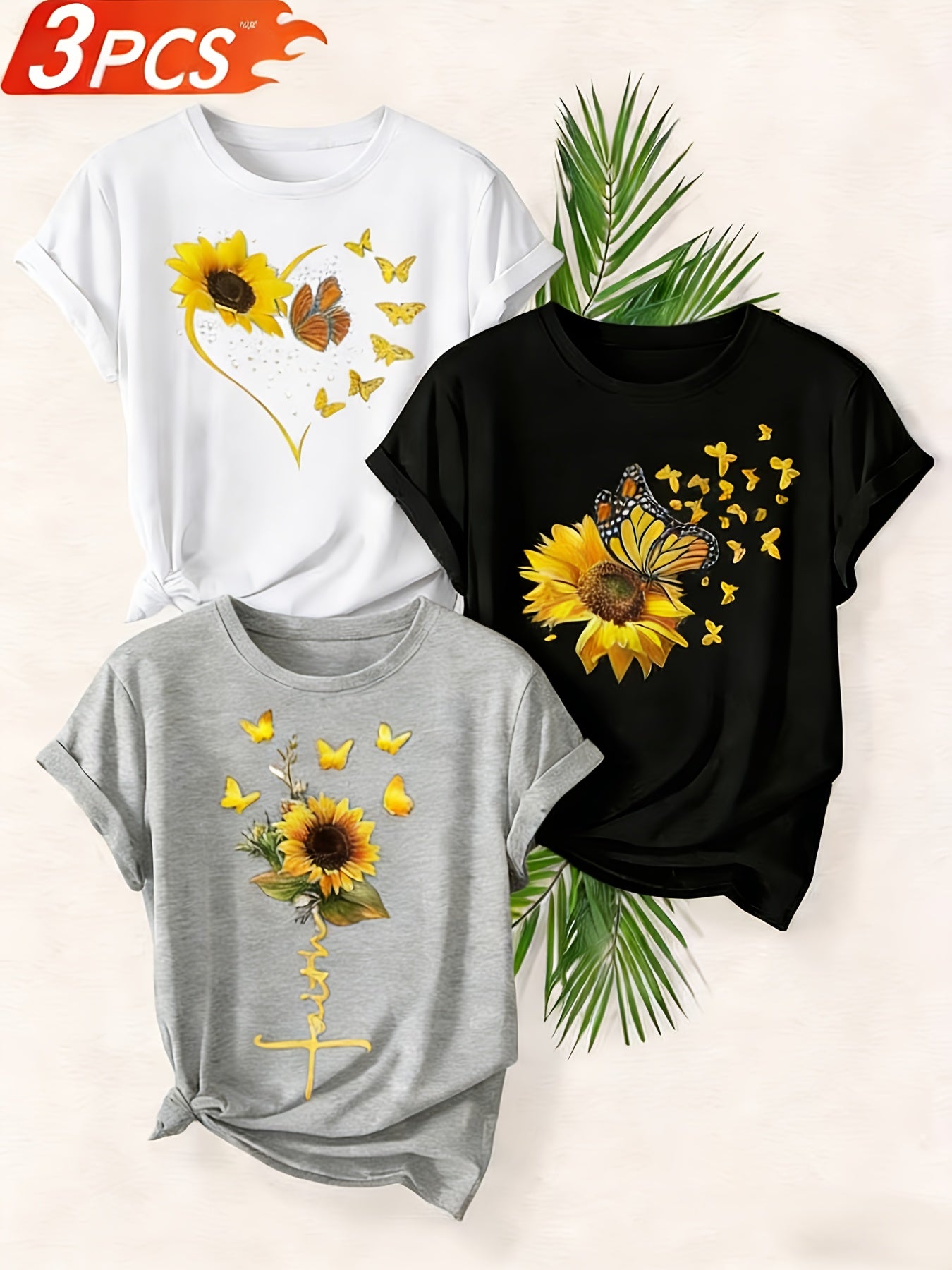 A Set of Three Women'S Casual Round-Neck T-Shirts in Black, White, And Gray | Fashionable Short-Sleeve Shirt with Sunflower And Butterfly Prints, Soft And Comfortable - The Perfect Exclusive Gift for St. Patrick'S Day/Easter