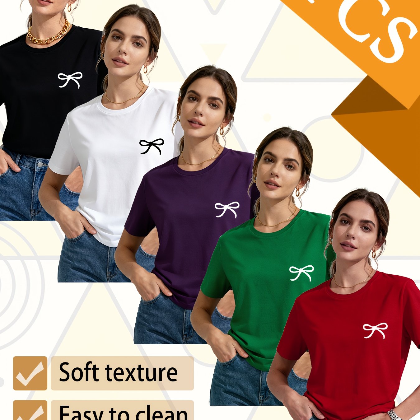 Set of 5 Trendy Women'S T-Shirts Suitable for All Seasons, Featuring Colorful Short Sleeves And a Playful Small Logo with a Bow. This Pack of Casual Tees, Made from 100% Pure