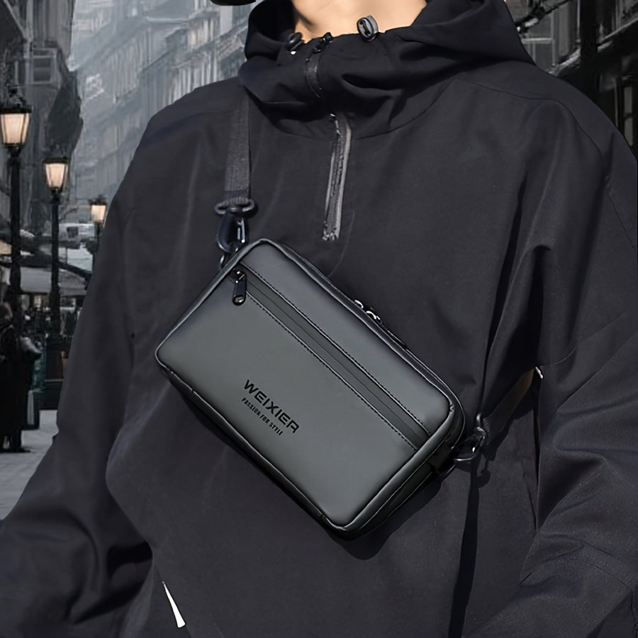 Men'S PU Crossbody Bag Featuring an Adjustable Strap And Waist Attachment - Multiple Compartments with Zipper Closure, Golden-Tone Hardware, And a Sleek Black Minimalist Design - Suitable for Both Casual And Formal Everyday U