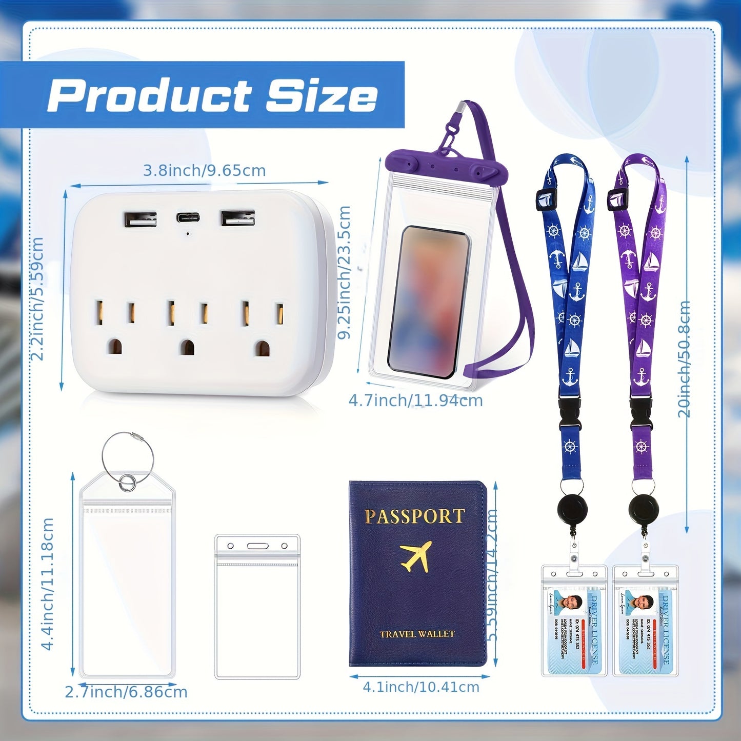 11pcs Cruise Accessories Kit 2 Cruise Lanyards for Ship Cards 4 Waterproof Luggage Tag Holder with Metal Loop 2 Passport Holder 2 Waterproof Phone Bags 1 Cruise Power Strip, Classic Color