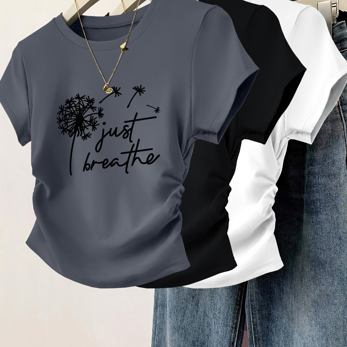 3pcs Women's Slim Fit Cinched Waist Pleated Short Sleeve T-Shirts - Geometric Print Round Neck Casual Tees, Red Grey Blue, Machine Washable Spring Summer Tops, Ladies T Shirts, Everyday Fashion, Smooth Texture Fabric, Seasona