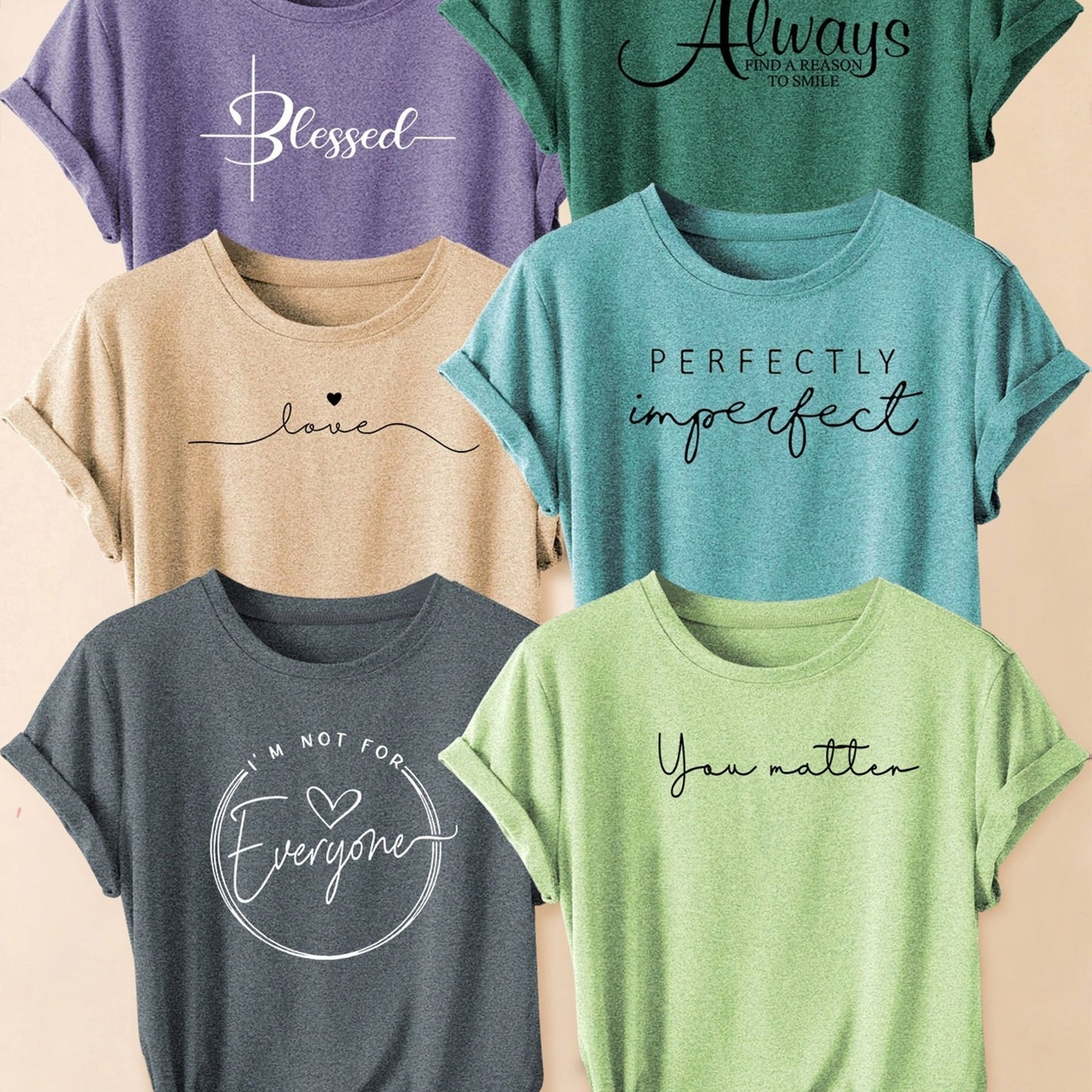 Set of 6 Women'S Short-Sleeve T-Shirts: Blessed, Always, Love, Perfectly Imperfect, I'M Not for Everyone, You Matter Print | Fashionable for Commuting, Vacations, Or Everyday Wear, Versatile Casual Tee | Machine Washable, Sui