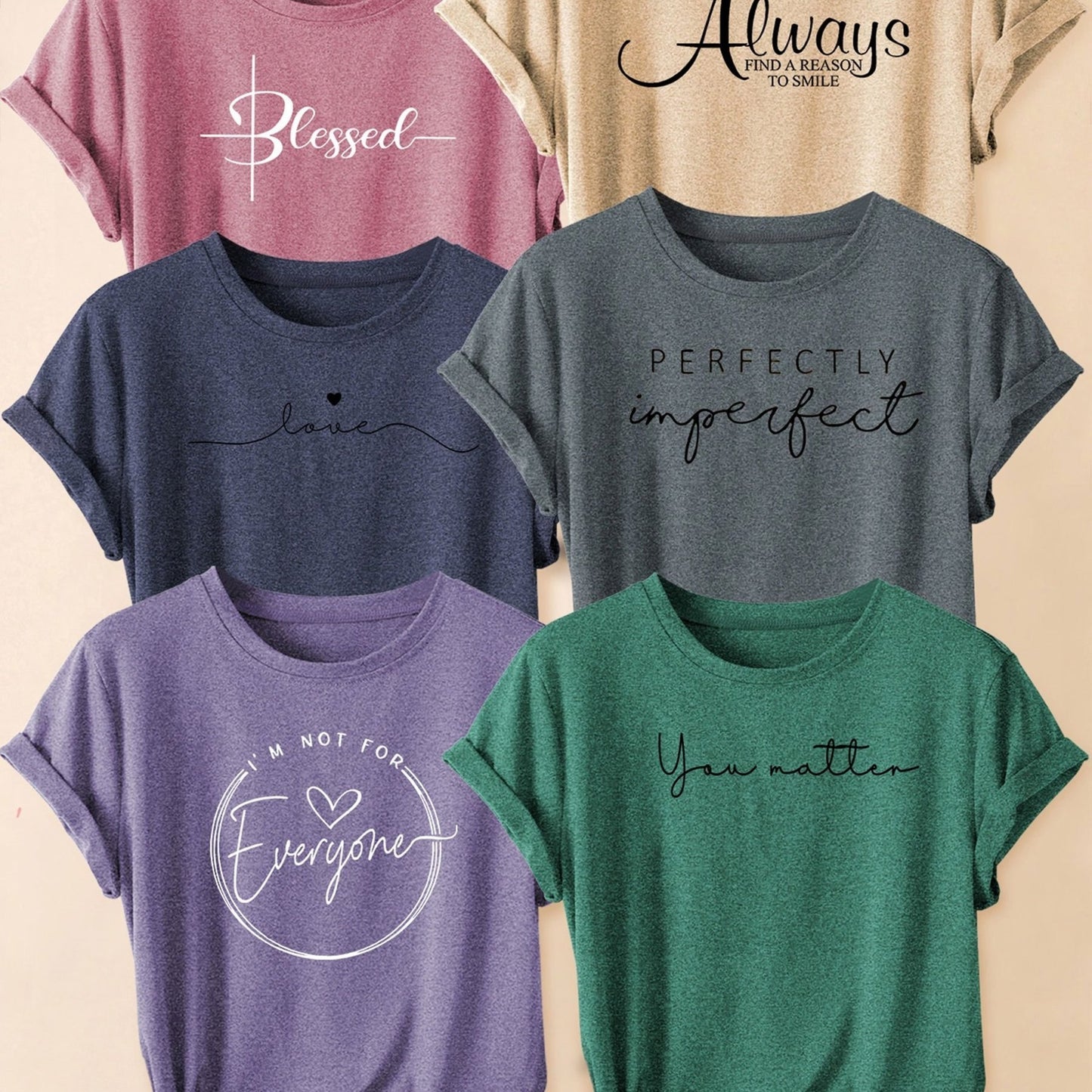 Set of 6 Women'S Short-Sleeve T-Shirts: Blessed, Always, Love, Perfectly Imperfect, I'M Not for Everyone, You Matter Print | Fashionable for Commuting, Vacations, Or Everyday Wear, Versatile Casual Tee | Machine Washable, Sui