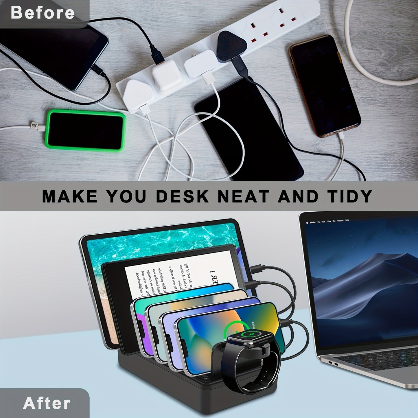 Fast Charging Station For Multiple Devices, 50W 6-Ports USB Charging Station With10-Slot, Detachable Dividers, Watch Holder, Compatible With Phone/iPad/Kindle/Tablet (6 Short Cables Included)