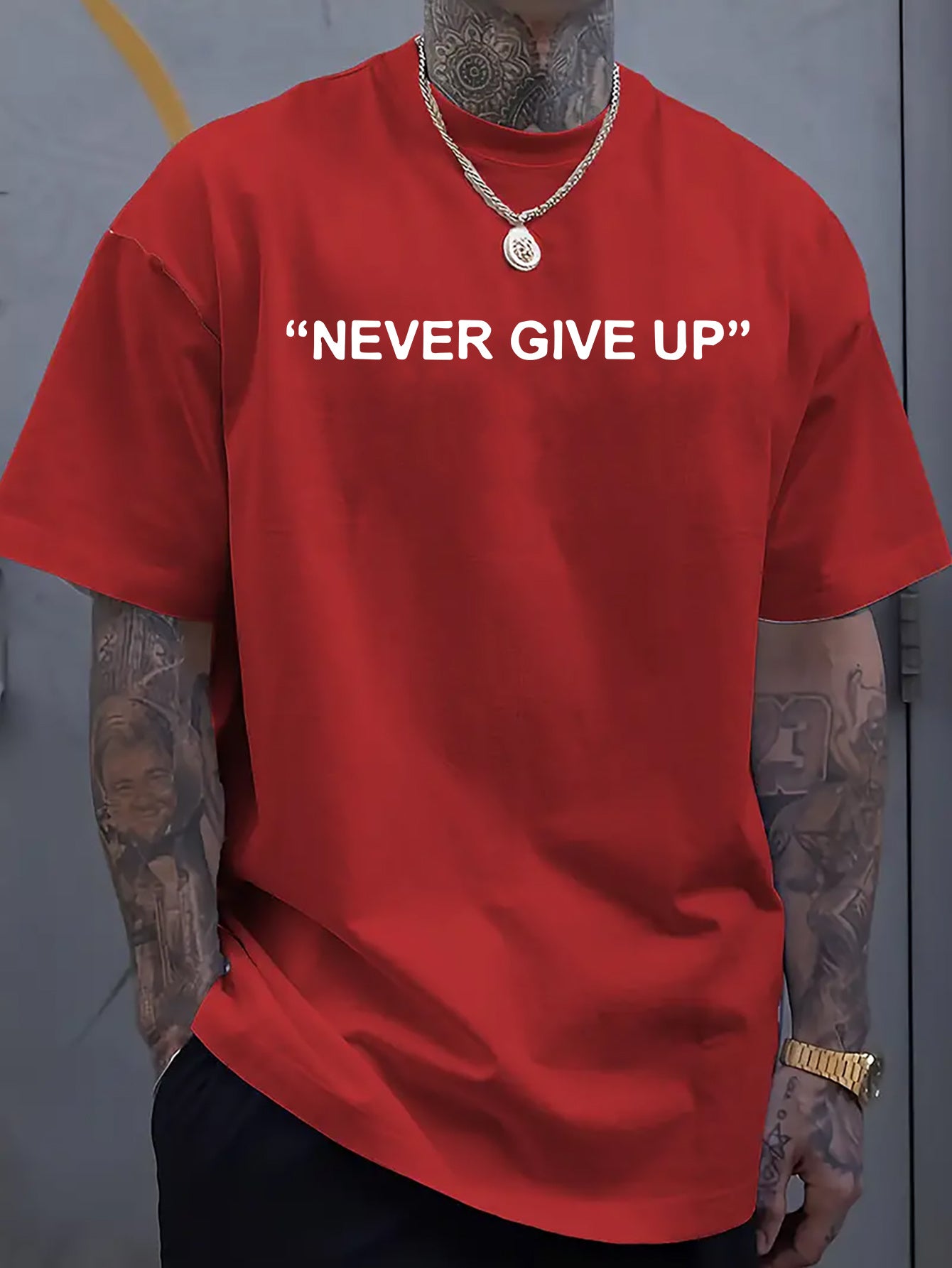 1pc of "Never Give Up" Printed T-Shirt - Men'S Round Neck Short Sleeved Shirt, Casual All Season Knitted Fabric, Slightly Elastic, Breathable And Suitable for Adult Multifunctional Design
