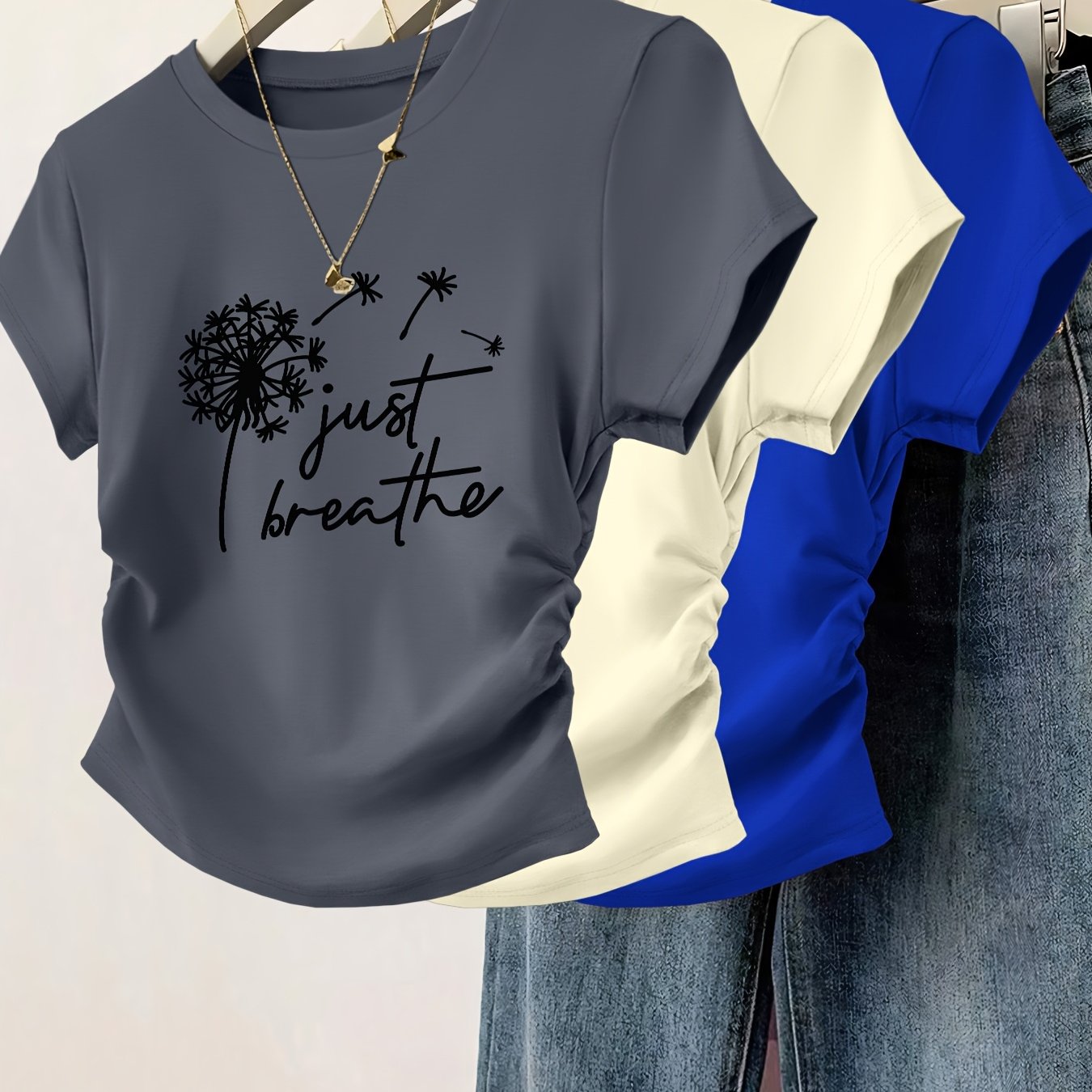 3pcs Women's Slim Fit Cinched Waist Pleated Short Sleeve T-Shirts - Geometric Print Round Neck Casual Tees, Red Grey Blue, Machine Washable Spring Summer Tops, Ladies T Shirts, Everyday Fashion, Smooth Texture Fabric, Seasona