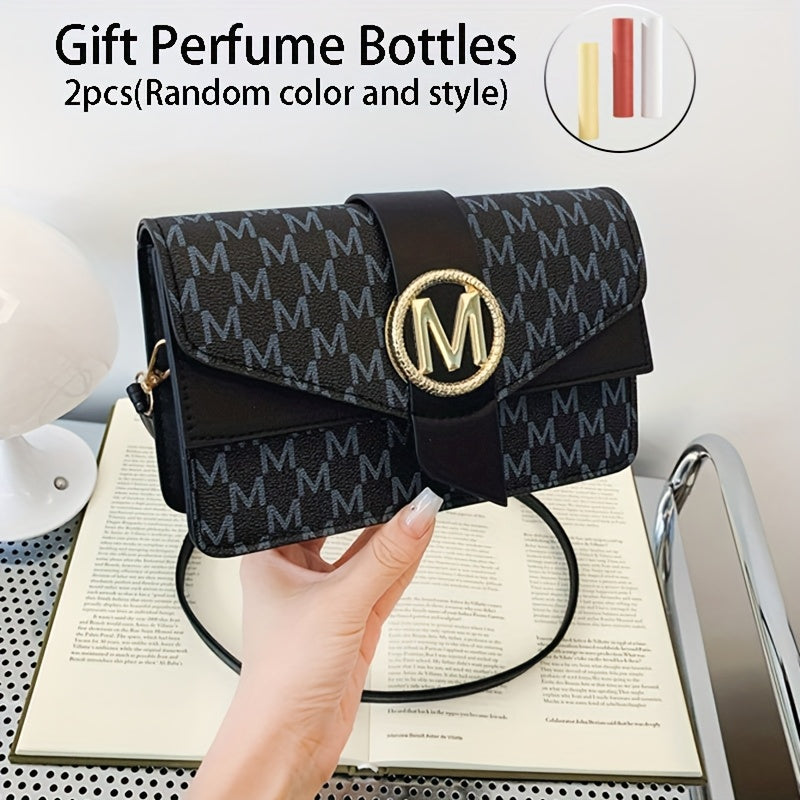 Women's Elegant Shoulder Bag With Perfume Bottle, Golden "M" Letter Buckle, Retro Geometric Shoulder Purse, Small Crossbody Bag For Daily Use, Travel, Work & Shopping