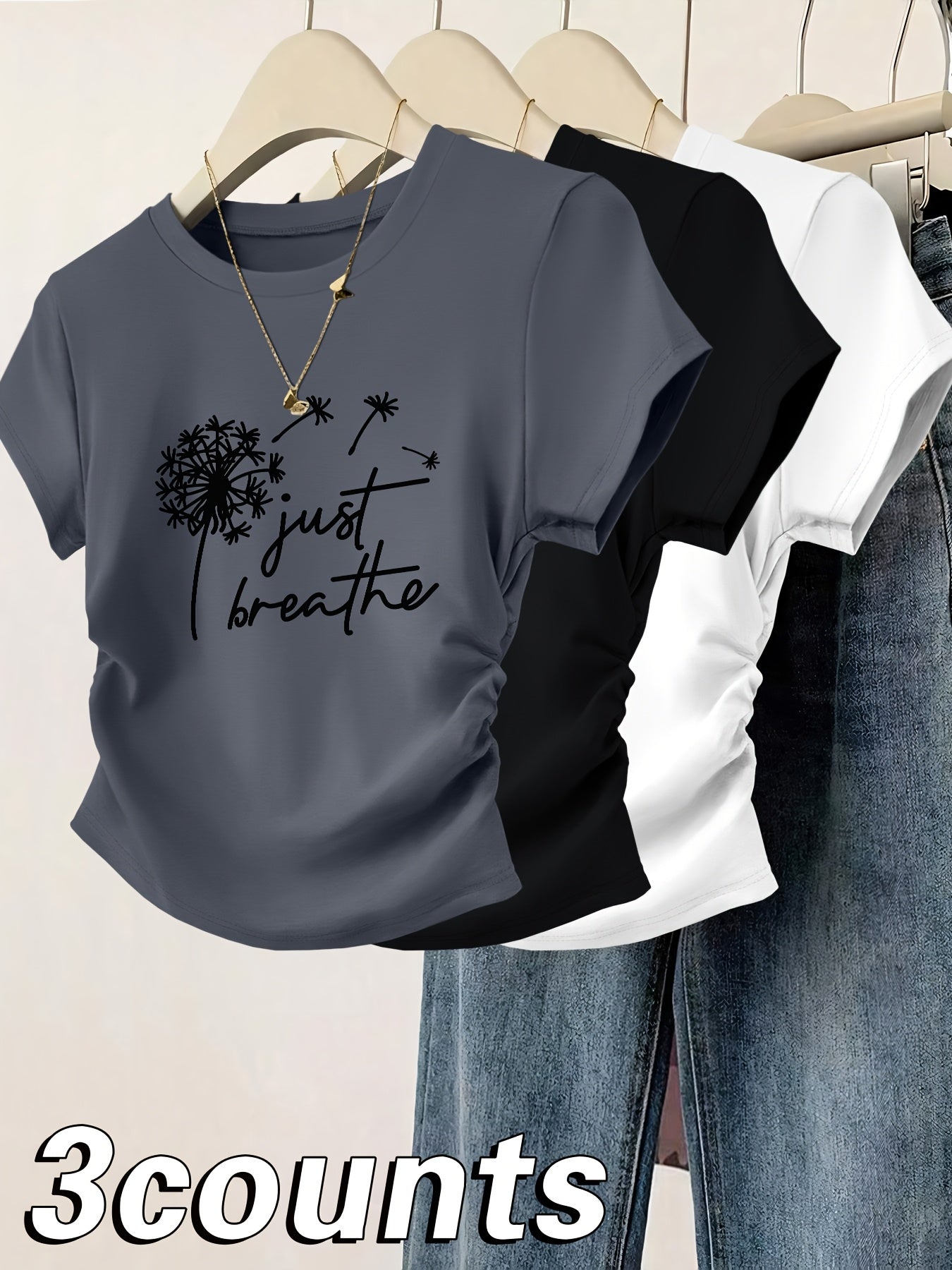 3pcs Women's Slim Fit Cinched Waist Pleated Short Sleeve T-Shirts - Geometric Print Round Neck Casual Tees, Red Grey Blue, Machine Washable Spring Summer Tops, Ladies T Shirts, Everyday Fashion, Smooth Texture Fabric, Seasona