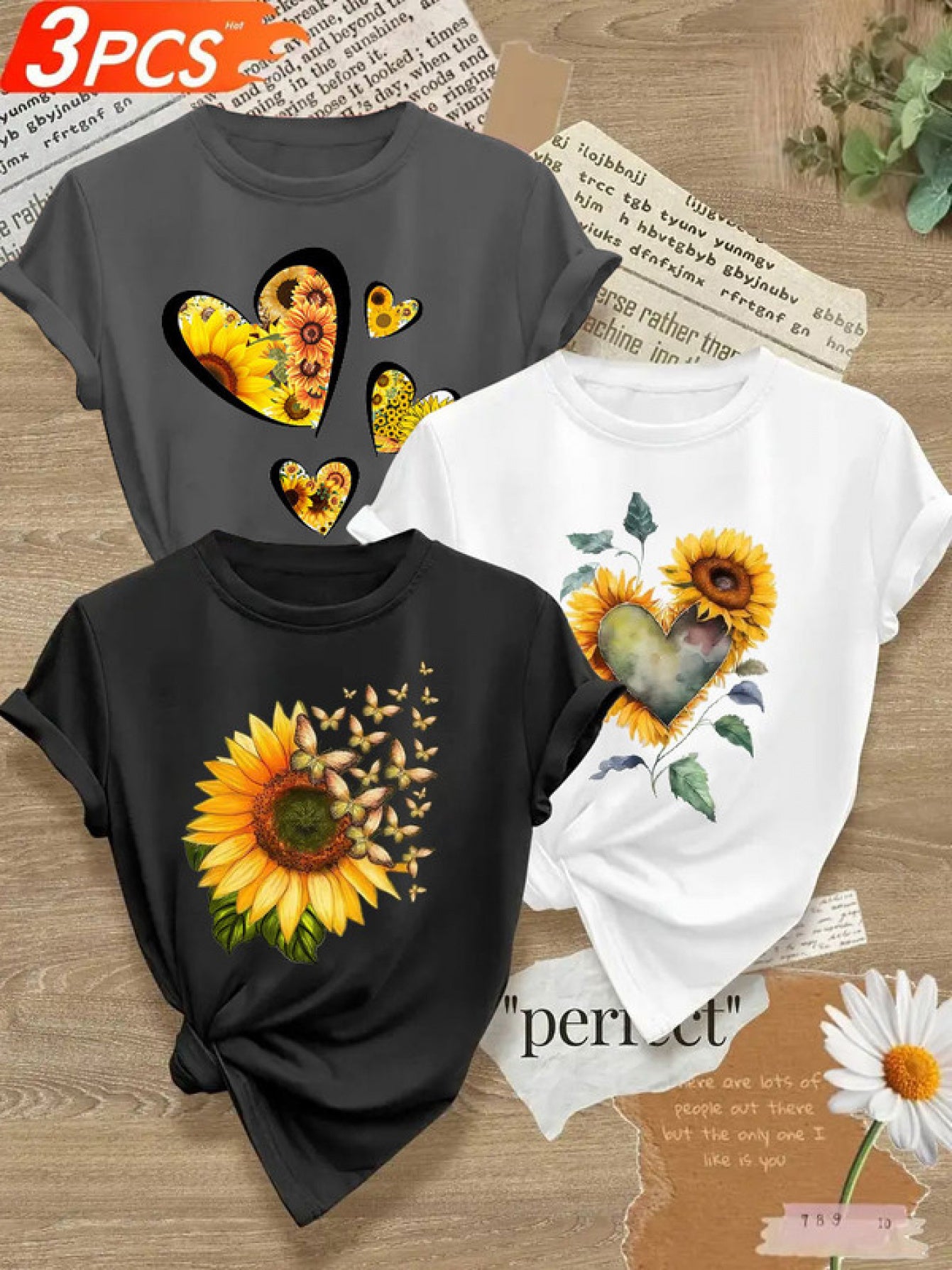 Sunflower Print Crew Neck Women T Shirt All Season Stretch Knit