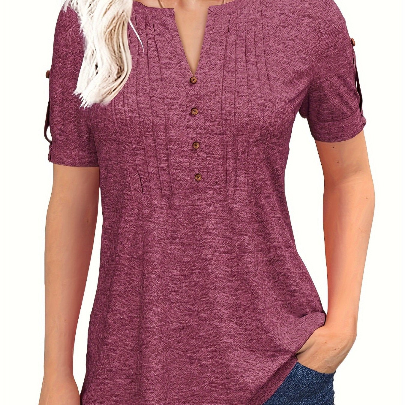 Women's Summer Casual V Neck Button Short Sleeve T Shirt