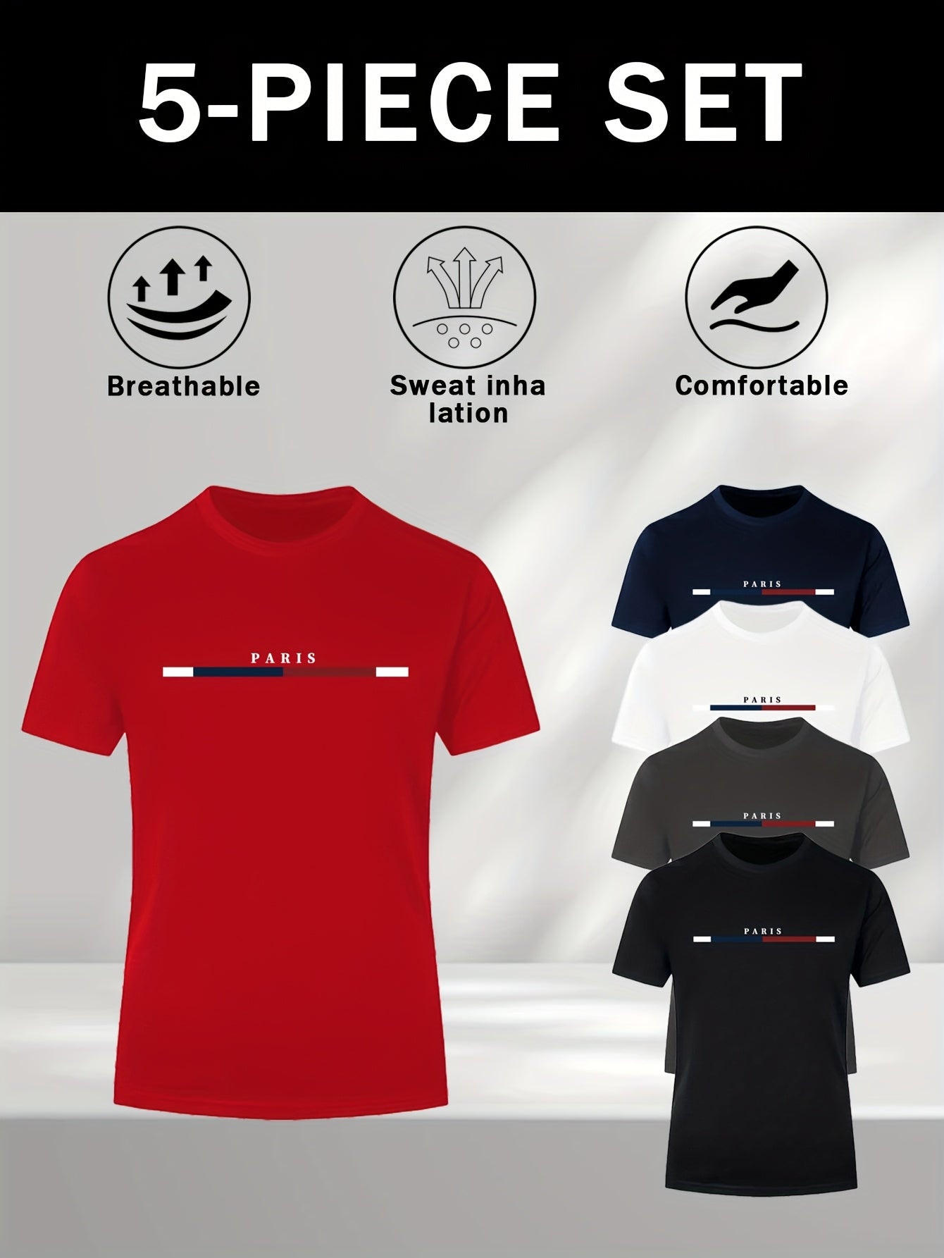 5pcs Men's Moisture-Wicking Short Sleeve T-Shirts, Paris Letter Print and Striped Collar Design- 5 Colors Available, Suitable for Summer Outdoor, Beach, Training, and Casual Wear, Comfortable Fit