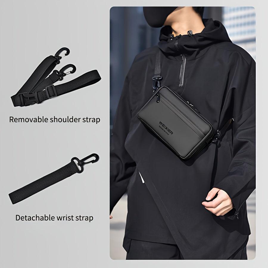 Men'S PU Crossbody Bag Featuring an Adjustable Strap And Waist Attachment - Multiple Compartments with Zipper Closure, Golden-Tone Hardware, And a Sleek Black Minimalist Design - Suitable for Both Casual And Formal Everyday U