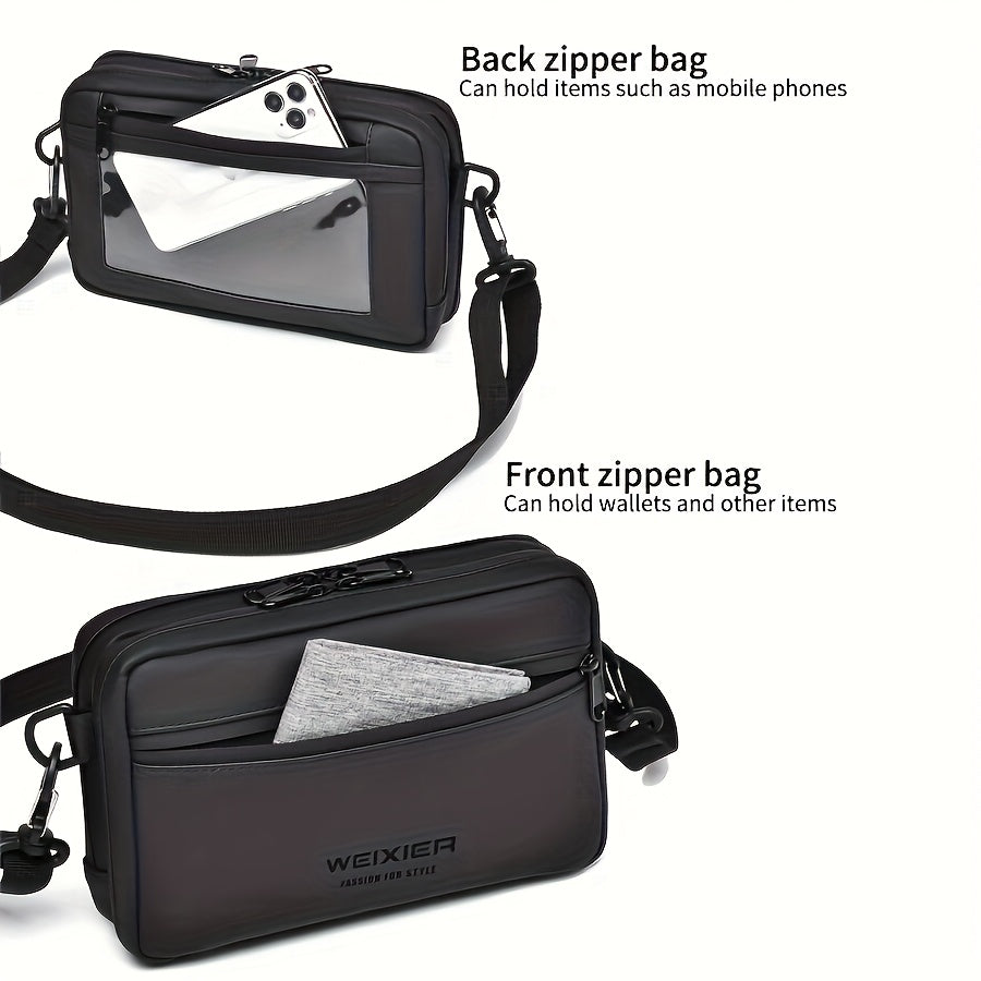 Men'S PU Crossbody Bag Featuring an Adjustable Strap And Waist Attachment - Multiple Compartments with Zipper Closure, Golden-Tone Hardware, And a Sleek Black Minimalist Design - Suitable for Both Casual And Formal Everyday U