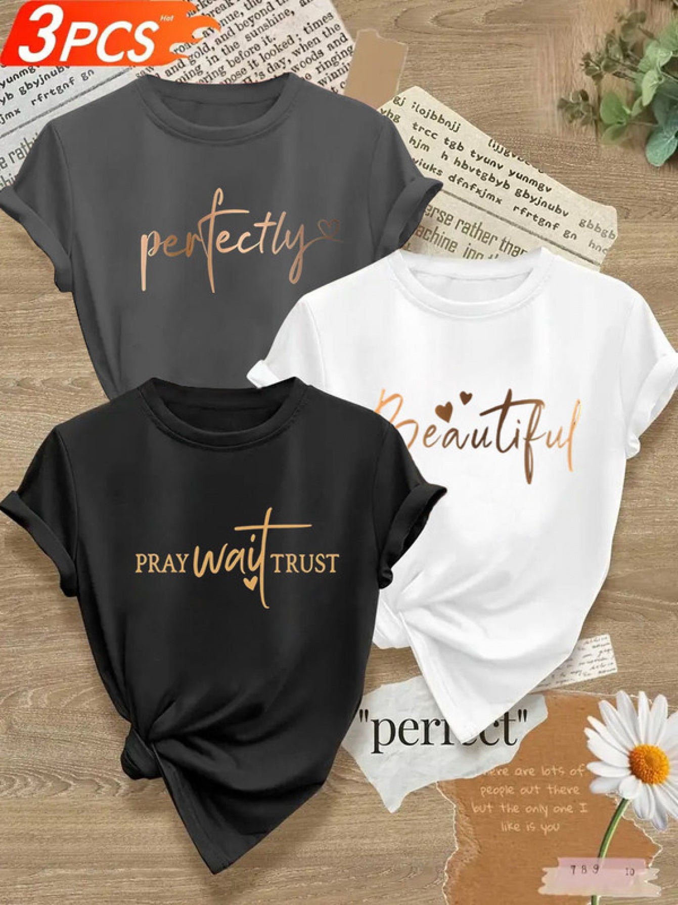 Alphabet Print Womens T Shirts Crew Neck Three Piece Set