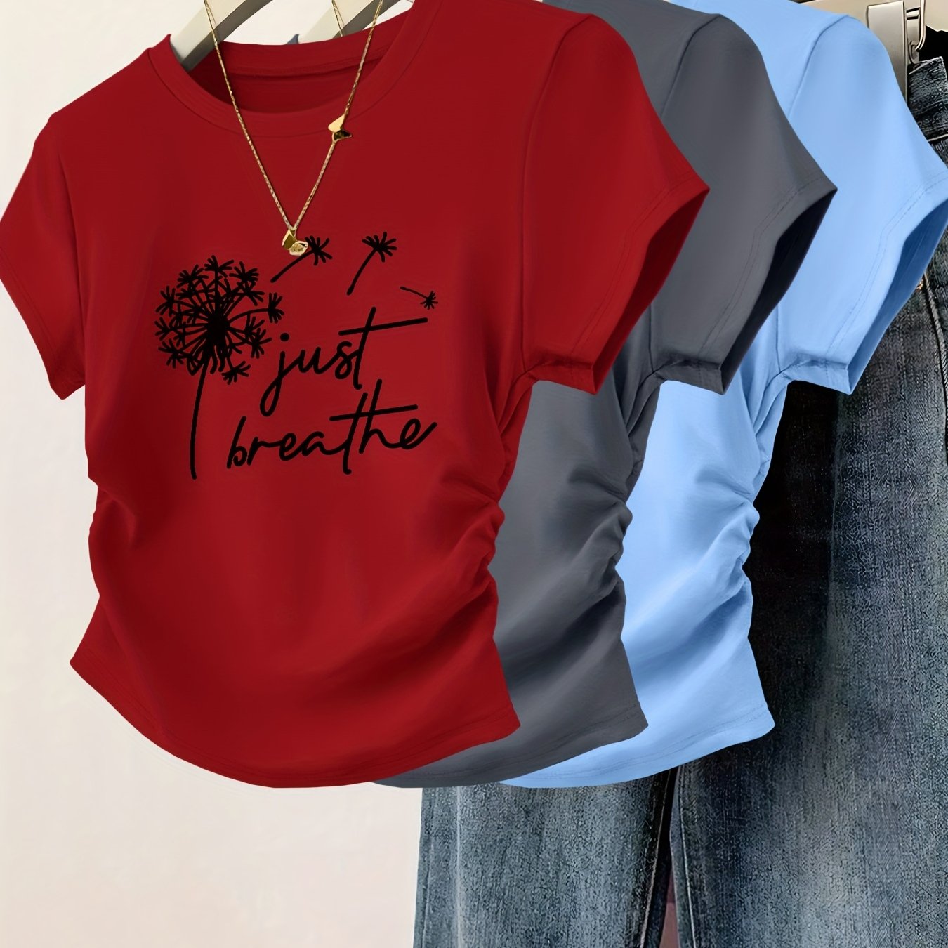 3pcs Women's Slim Fit Cinched Waist Pleated Short Sleeve T-Shirts - Geometric Print Round Neck Casual Tees, Red Grey Blue, Machine Washable Spring Summer Tops, Ladies T Shirts, Everyday Fashion, Smooth Texture Fabric, Seasona